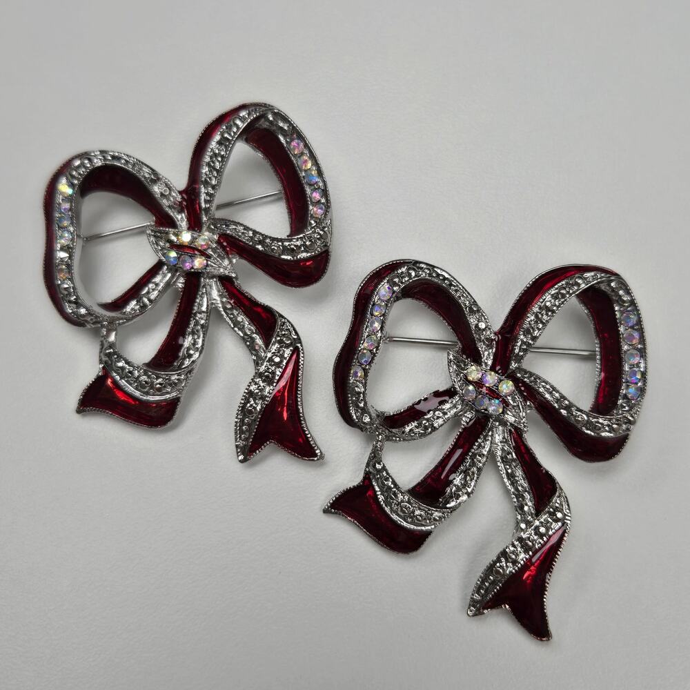 Vintage Christmas Bow Brooch Pin Red Enamel Clear Rhinestone Holiday Costume